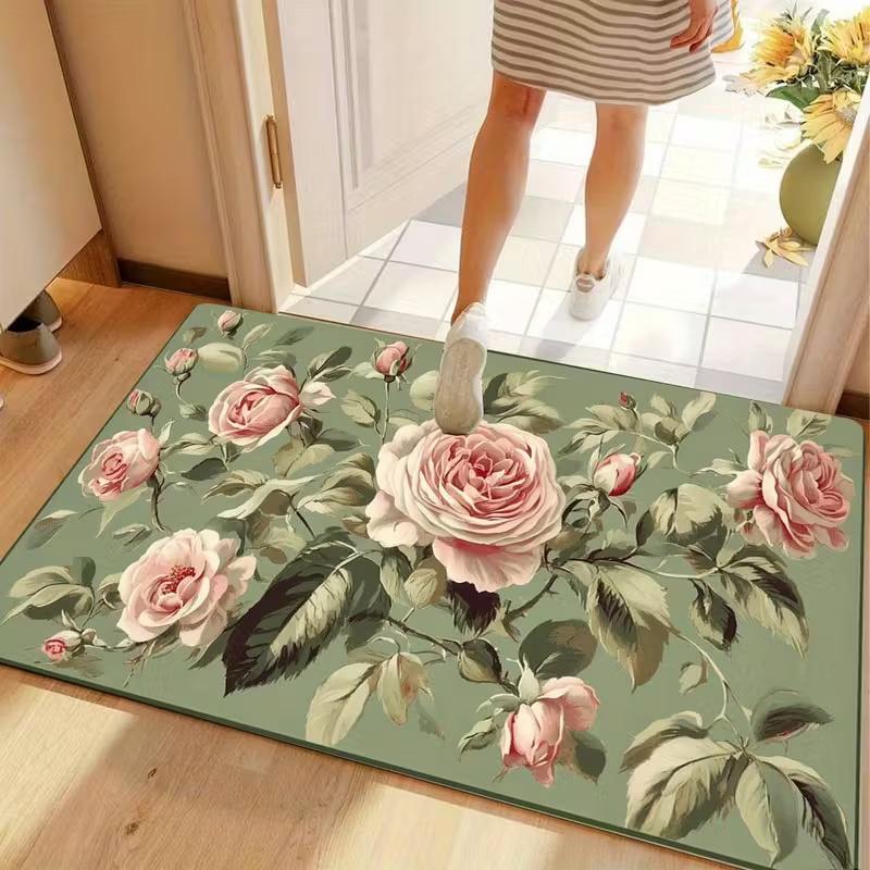 1 Pc Elegant Rose Green Printed Floor Mat with Non Slip Entrance Pad Suitable for Living Room and Bedroom
