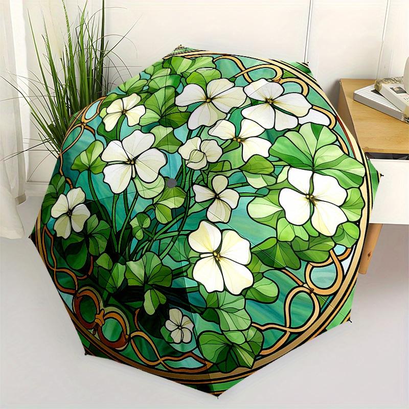 

Stained Glass Window Panel with White Flowers and Green Leaves Decorative Artwork for Home or Garden Decoration (Circular) Umbrella, Hallo