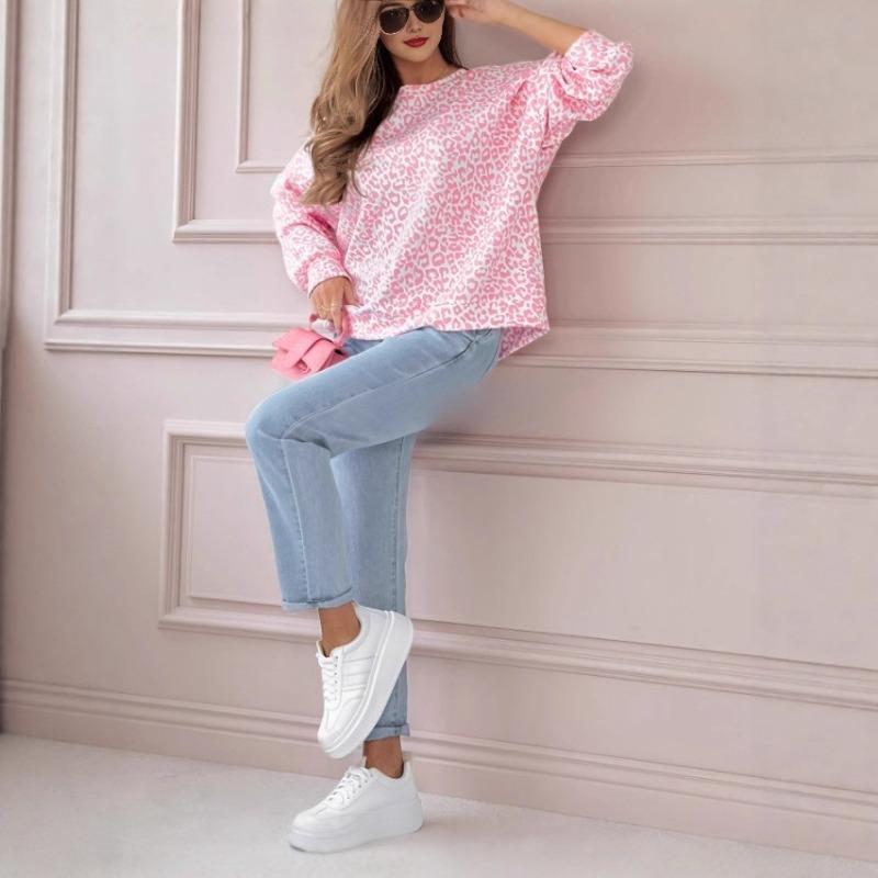 Plus Size Loose Leopard Print Long Sleeve Sweatshirt T Shirt Autumn Winter