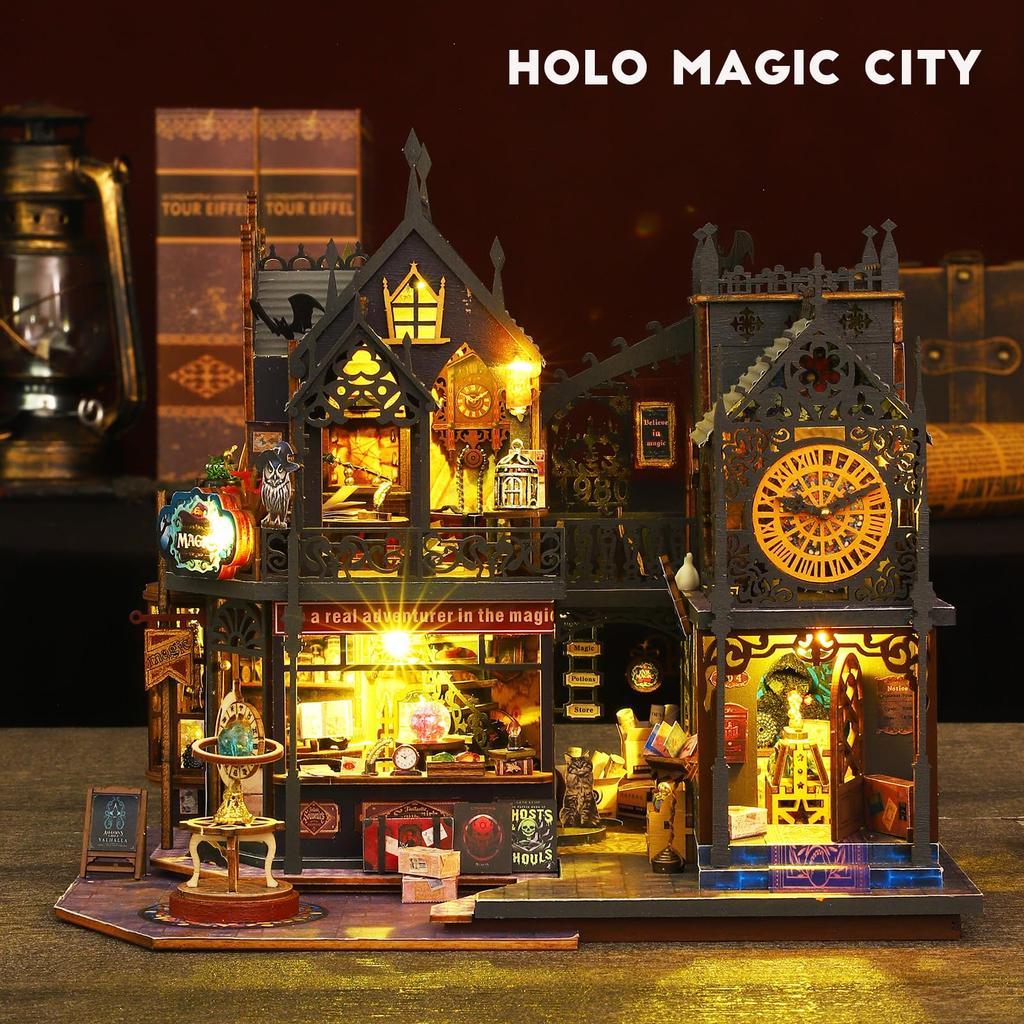 Spilay DIY Wooden Dollhouse Model Castle Building Scenery Miniature Dollhouse DIY Kit Set for Beginners with LED Light and Dustproof Cover Christmas