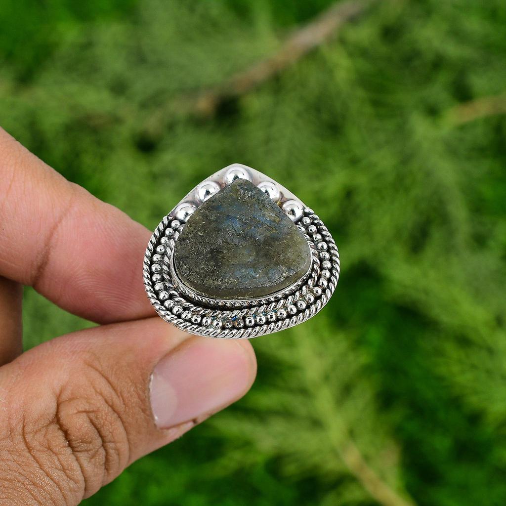 Natural Labradorite Rough Multi Stone Adjustable Ring 925 Silver For Girls
