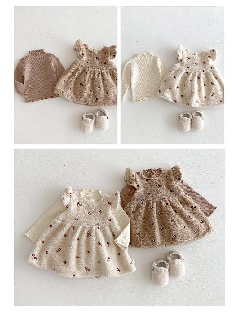 2025 Sweet Princess Winter Dress: Korean Style Flutter Sleeve with Embroidered Velvet Skirt for Girls