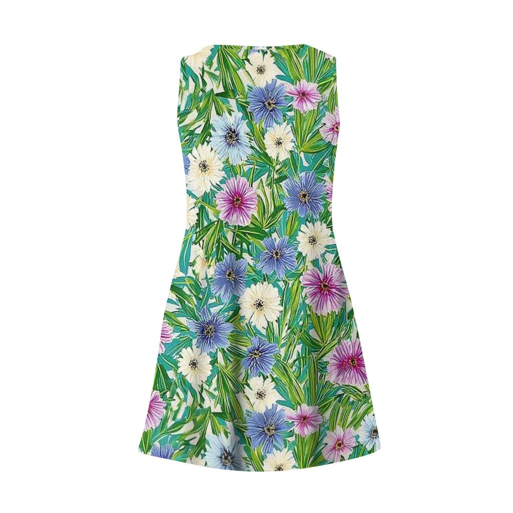 Women's Casual Fashion V-neck Sleeveless Floral Print Side Pocket Dress