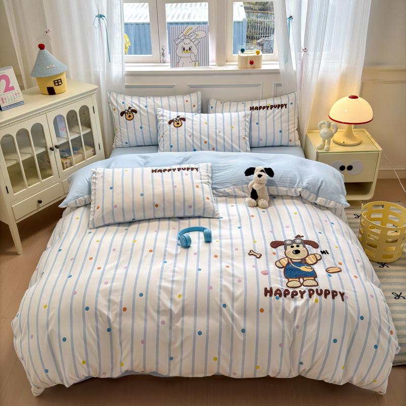 Cute Pink Cartoon Cat Towel Embroidery Girls Kids Bedding Set Soft Washed Cotton Duvet Covers Set Bed Sheet Pillowcases 3/4Pcs