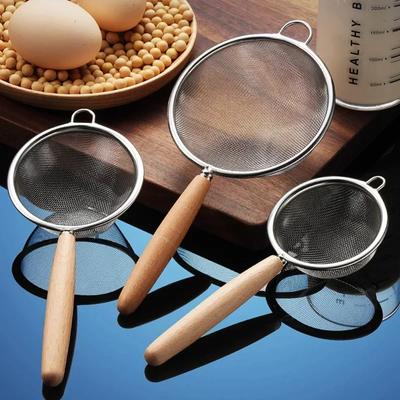 Coladores de aceite de malla fina de acero inoxidable con mango de madera, cuchara, colador de harina, tamiz, filtro, accesorios de cocina para hornear