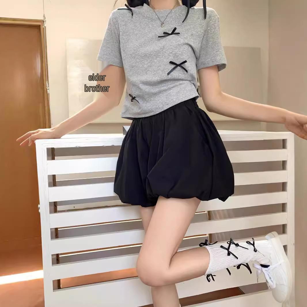 

Summer 2024 Korean Flower Bud High-Waist Wide-Leg Black Shorts for Women 4XL белый