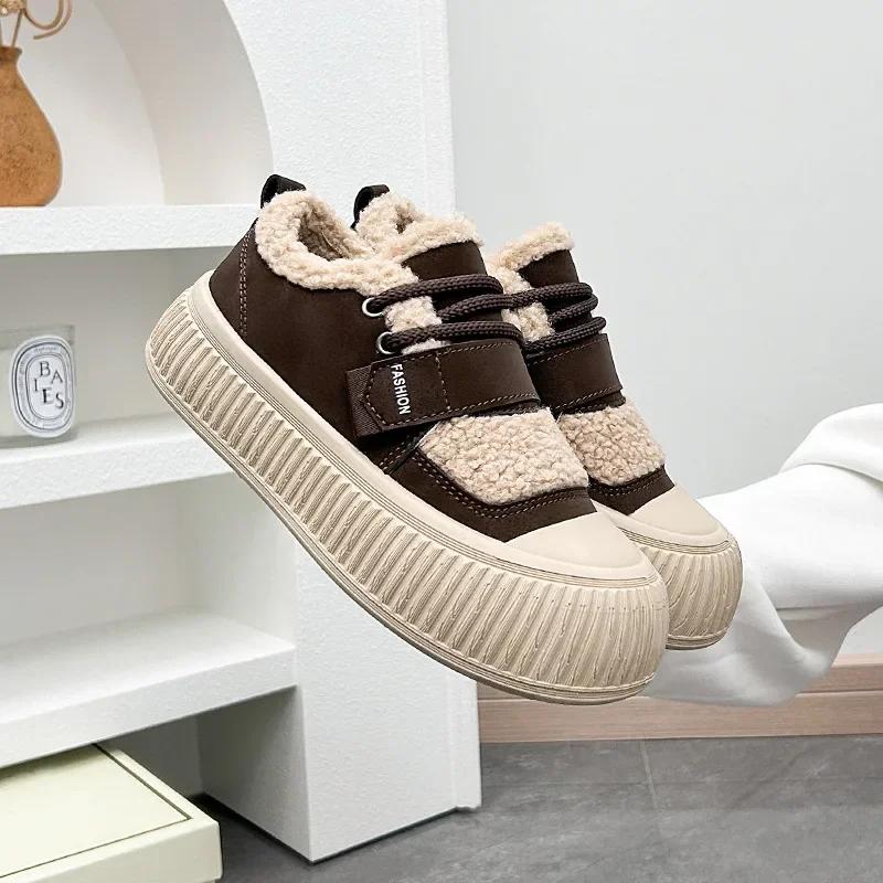Fashion New Winter Warm Cotton Shoes for Women with Plush Lace Up Casual Sports Shoes, Fashionable Thick Soled Lightweight Cotton Shoes