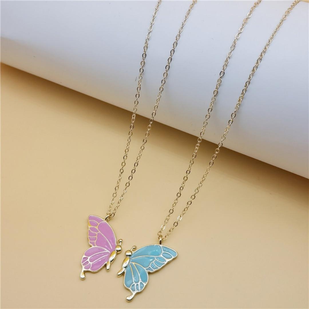 Two-piece gold, blue, and pink butterfly friendship necklace set - a simple and versatile two-piece set for women, suitable for MULTI&Other