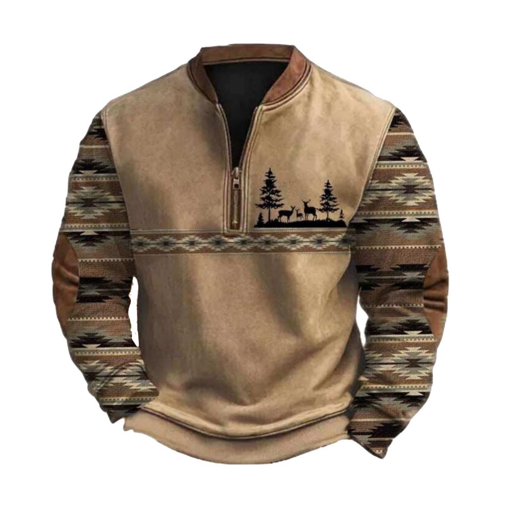 Men's Casual, Trendy, Retro American- Printed Round-neck Long-sleeved Half-pull Hoodie