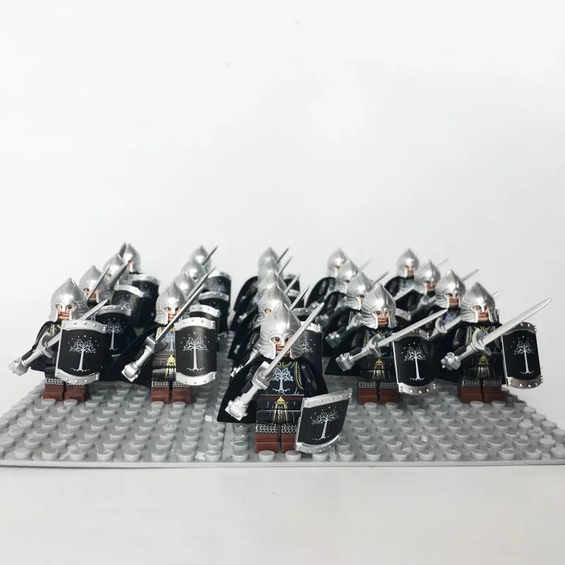 21Pcs/lot Dane Iron Feet Eomer Rohan Warriorr Vs Uruk Hai Army Figrues With Shield Sword Bow Spear Building Blocks Toys for Kids