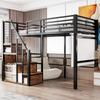 Hochbett mit Sicherheitsleiter 90*200, Kinderbett mit Eisenrahmen und Stauraum, Jugendbett, Einzelbett, schwarz
