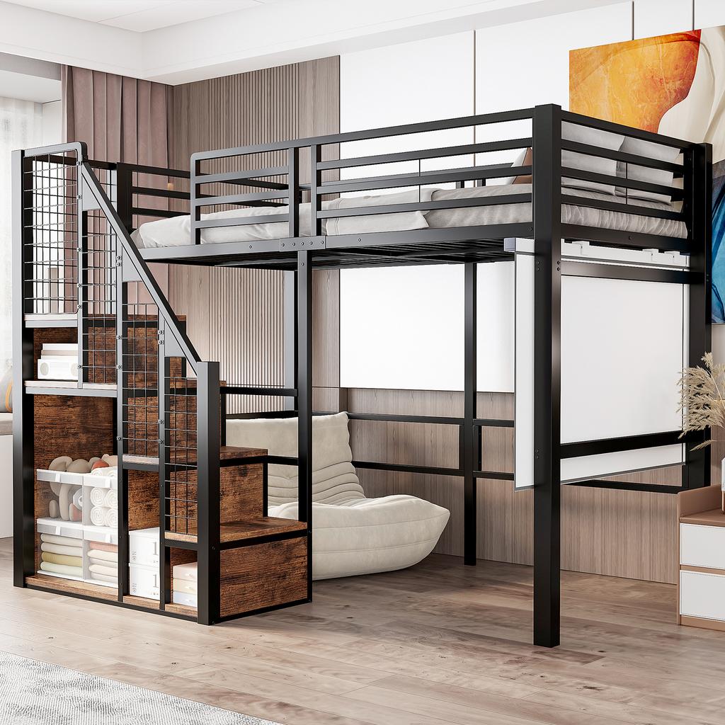 Loft Bed with Safety Ladder 90*200, Children's Bed with Iron Frame and Storage Area, Youth Bed, Single Bed, Black