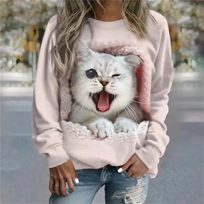 2023 Autunno Nuovo Donna Girocollo Manica Lunga Moda Casual Casa Tessuto di Alta Qualità Carino Gatto Stampa Manica Lunga