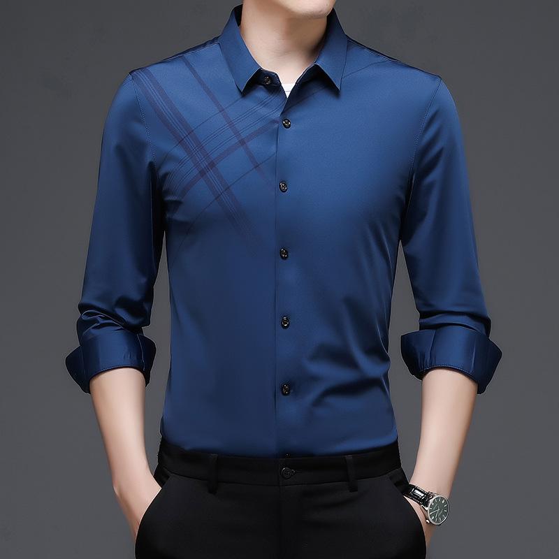 Spring and Autumn Long-sleeved Shirts for Middle-aged Men, Fit Shirts for Dads, Casual Business Printed Plaid Shirts, Thin