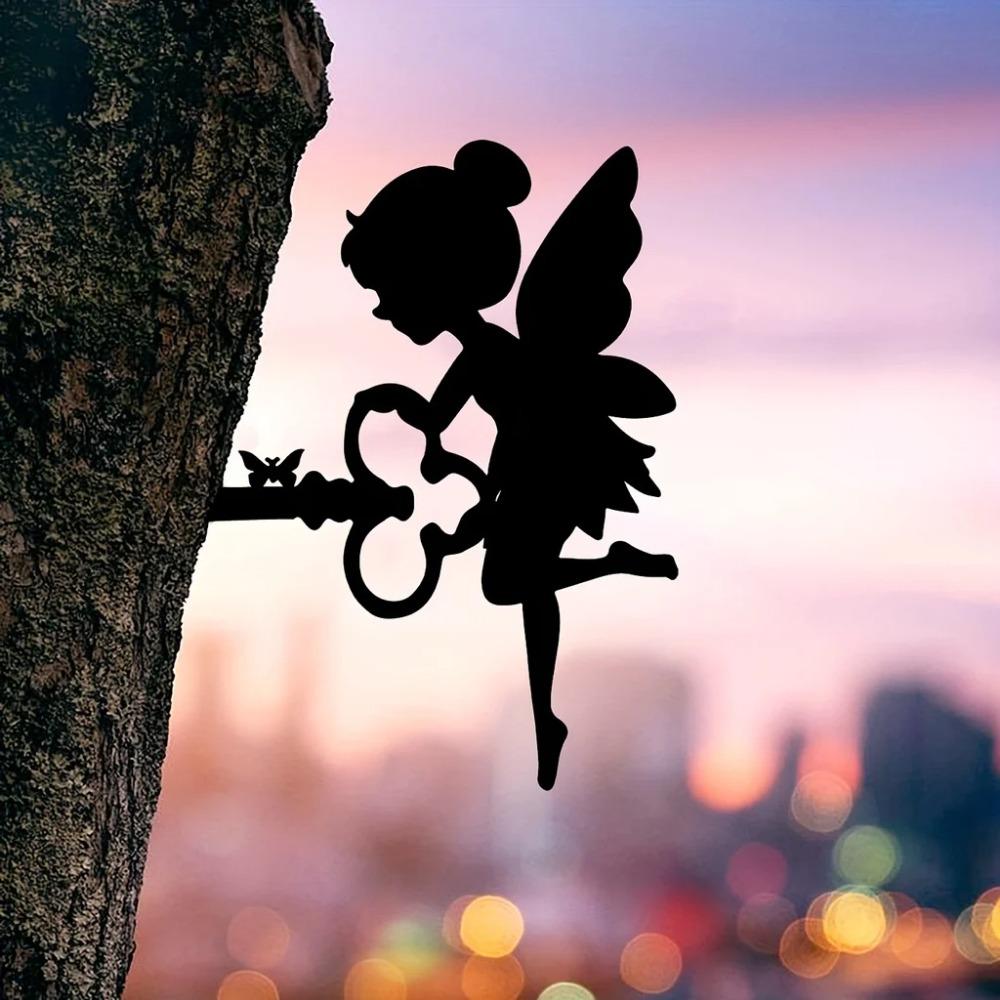 1 Stück Erhöhen Sie Ihr Zuhause mit einer bezaubernden Elfe auf einem Ast, Stahlsilhouette, Metall-Wandkunst-Statue, Pfahl