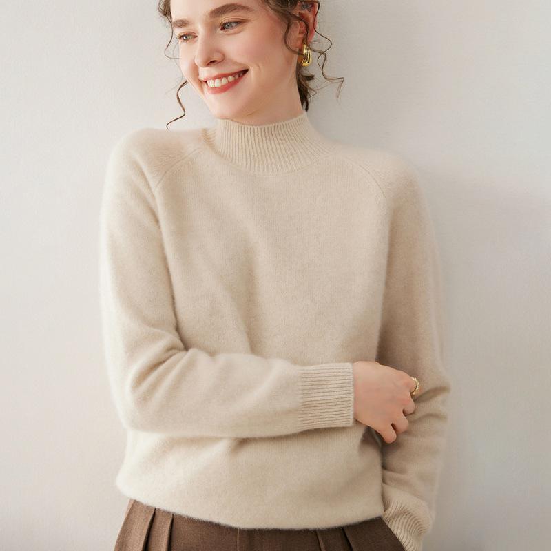 Women's Cashmere Double-Ply Thick Knit Sweater - Half-High Neck, Drop Shoulder, Versatile Solid Color, Autumn/Winter Warm Base Layer