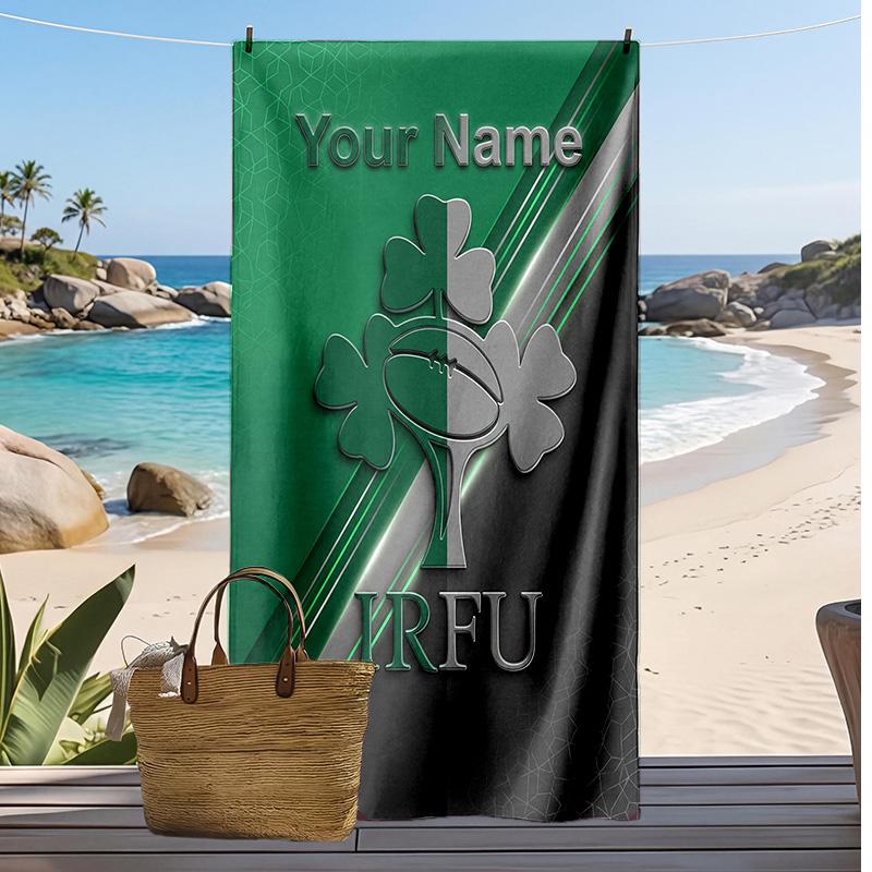 Ireland Rugby Custom Beach Towel, Print Your Name Text Lightweight Absorbent Towel for Swimming Travel