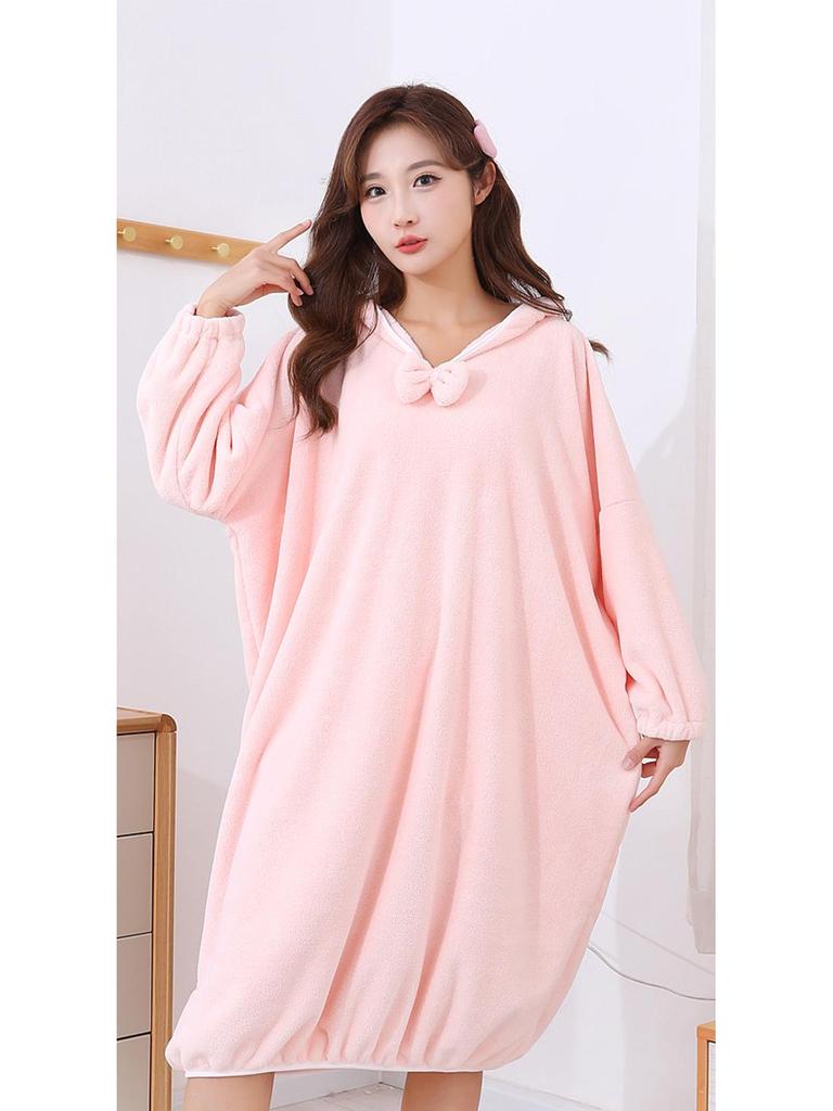 Women's Thickened Winter Hooded Bathrobe - Absorbent Coral Fleece Bath Towel with Long Sleeves and Bath Skirt