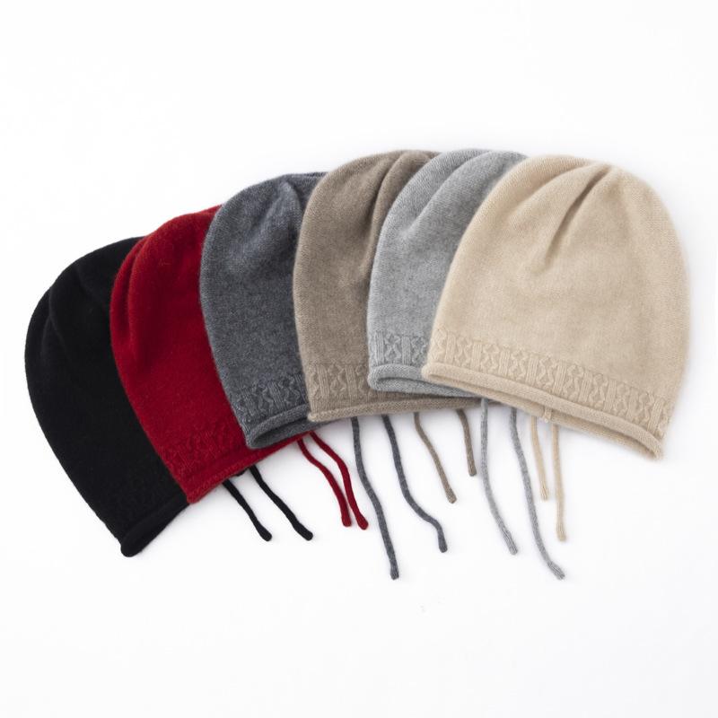 Cashmere autumn and winter new warm knitted drawstring stacking hat ear protector wool bag head cold hat