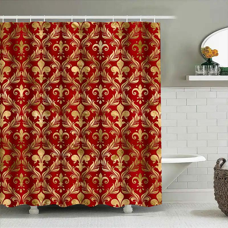 Luxury Golden Floral Shower Curtain with Fleur De Lis Design for Bathroom Decoration Red and Gold Pattern Print Waterproof Fabri