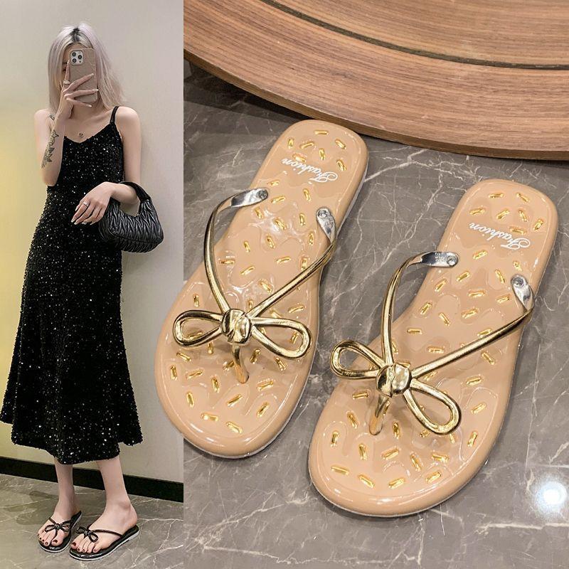 Bow Flip-flops Summer 2025 New Women's Go Out Fashionable Versatile Foot Pinch Jelly Crystal Non-slip Cool Slippers