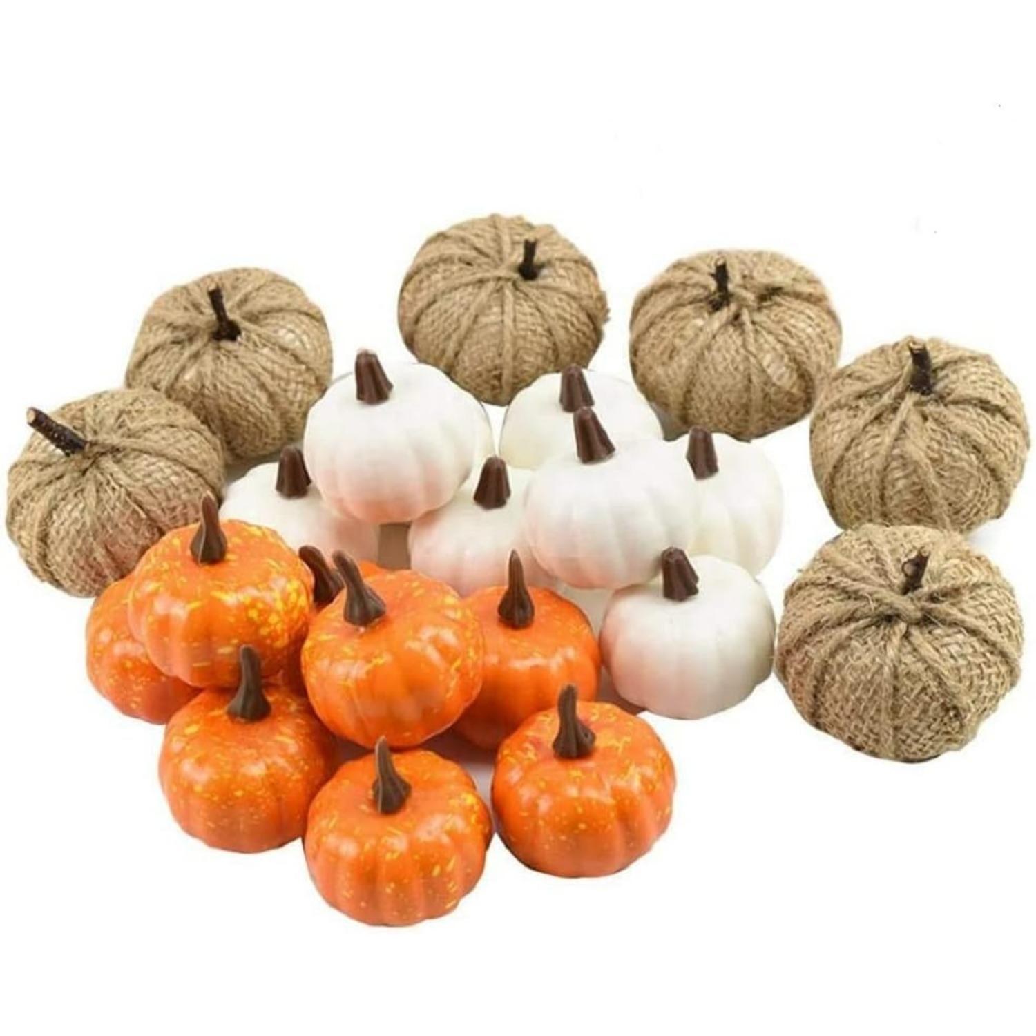 Autumn Decorations Artificial Pumpkins Set Assorted Faux Harvest Pumpkins for Halloween Fall Wedding Thanksgiving Seasonal Holiday Pumpkin Ornament 22-Pack