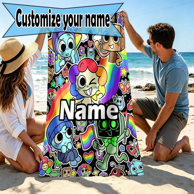 Custom Name Personalized Dandy's World Print Beach Towel, for Trip Camping Beach Party Home Decor, Birthday Gift for Family & Friends