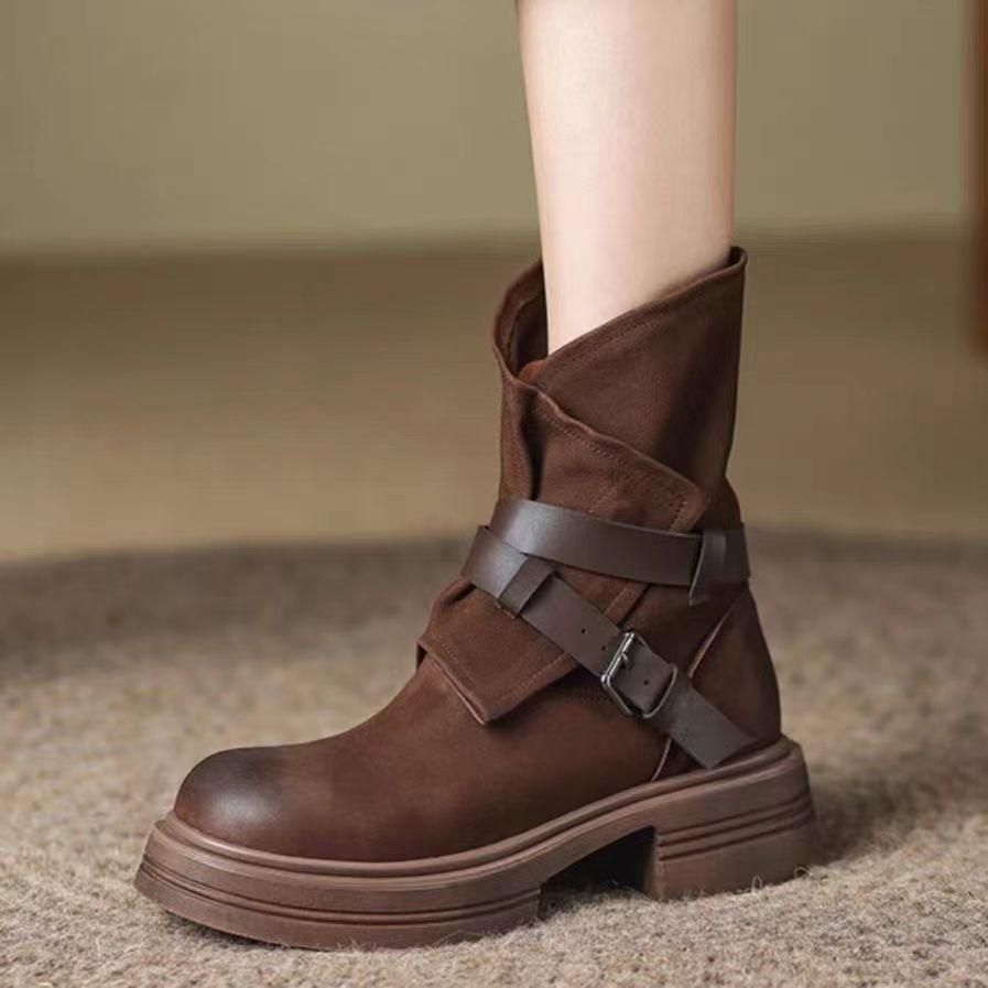 Autumn Hollow Maillard Boots Mid-calf Western Cowboy Boots Retro Women's Boots