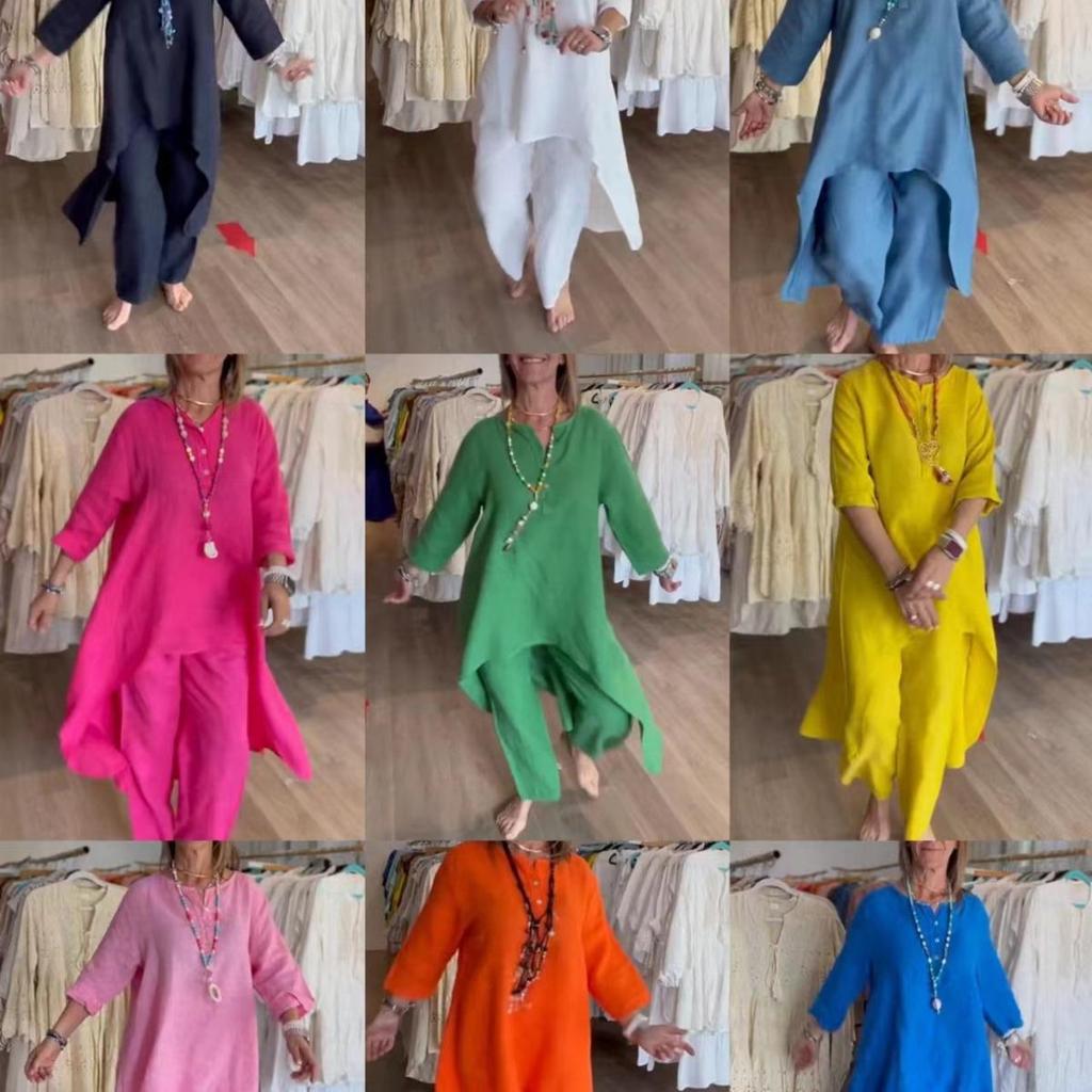 Women's Solid Color Casual Cotton Linen Long-Sleeved Summer Set
