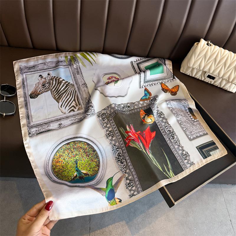 French retro imitation silk printing silk scarf square scarf high-end shawl sunscreen neck small square scarf headscarf women's scarf