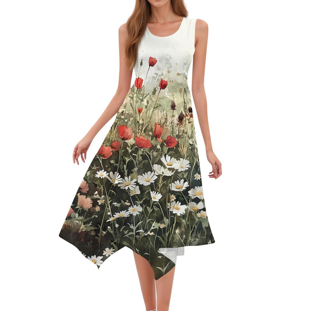 Dámská móda pro volný čas, kulatý výstřih, květinový potisk s nepravidelným lemem Midi šaty