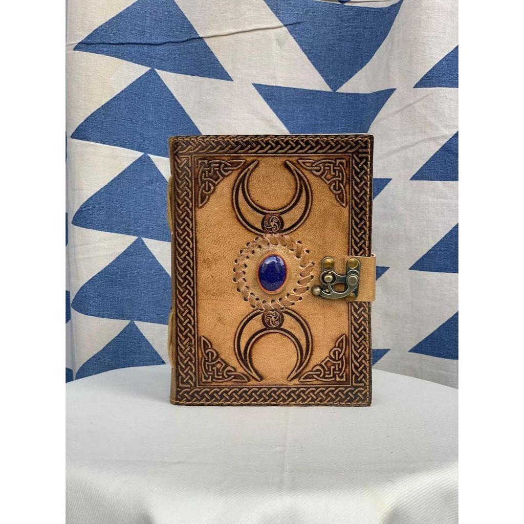 Antique Triple Moon Leather Journal with Semi Precious Stone Design, Antique Deckle Edge Paper - Book of Shadows, Grimoire Journal,