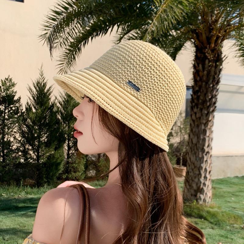 Hat Women's Thin Hollow Knitted Basin Hat Spring and Summer Sun Hat Show Small Irregular Brim Simple Versatile Breathable