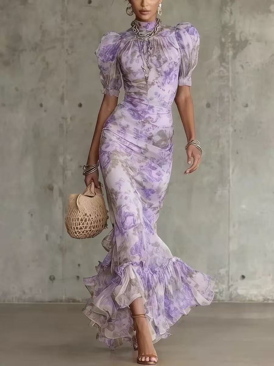

Floral Print Puff Sleeve High Neck Maxi Dress 2XL фіолетовий