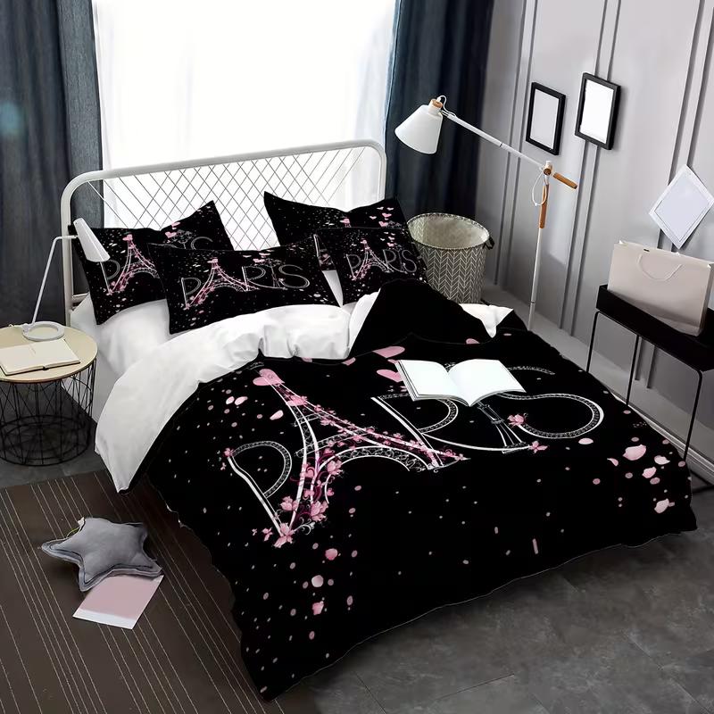 

Paris Tower Bedding Set Pink Floral Down Duvet Cover Queen King Double Duvet Cover Pillowcase 2/3pc Gift Soft Bedroom Decoration Baby 100x135cm