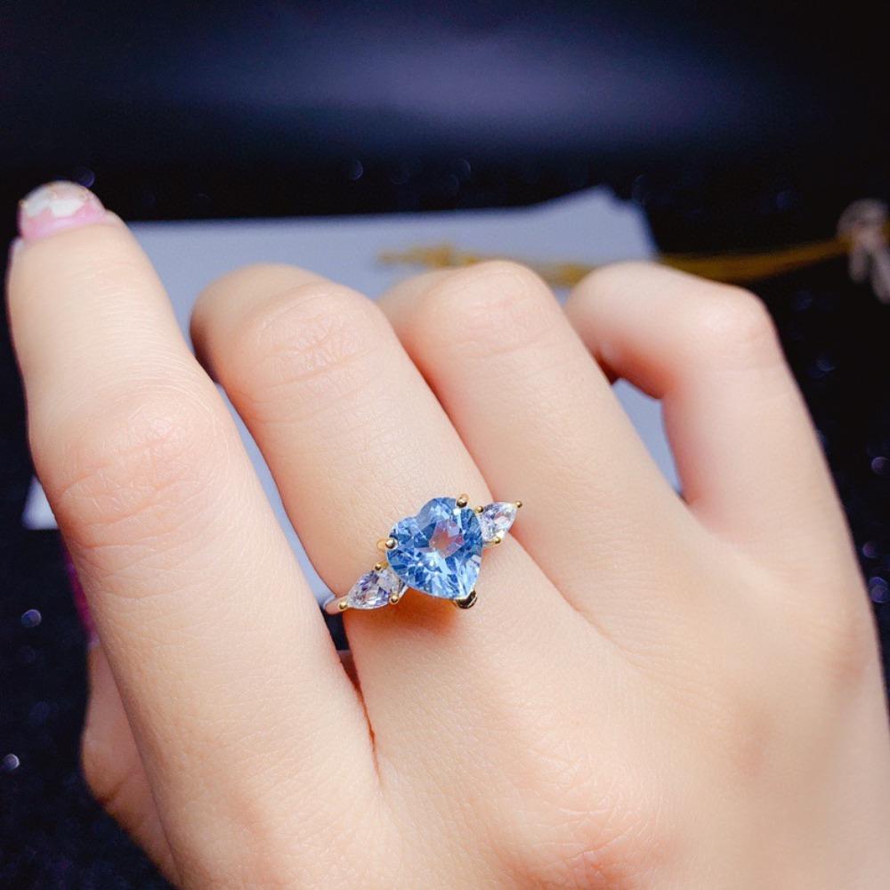 Open Ring Heart Shaped Sky Blue Topaz Gemstone Adjustable Fashion Jewelry for Women