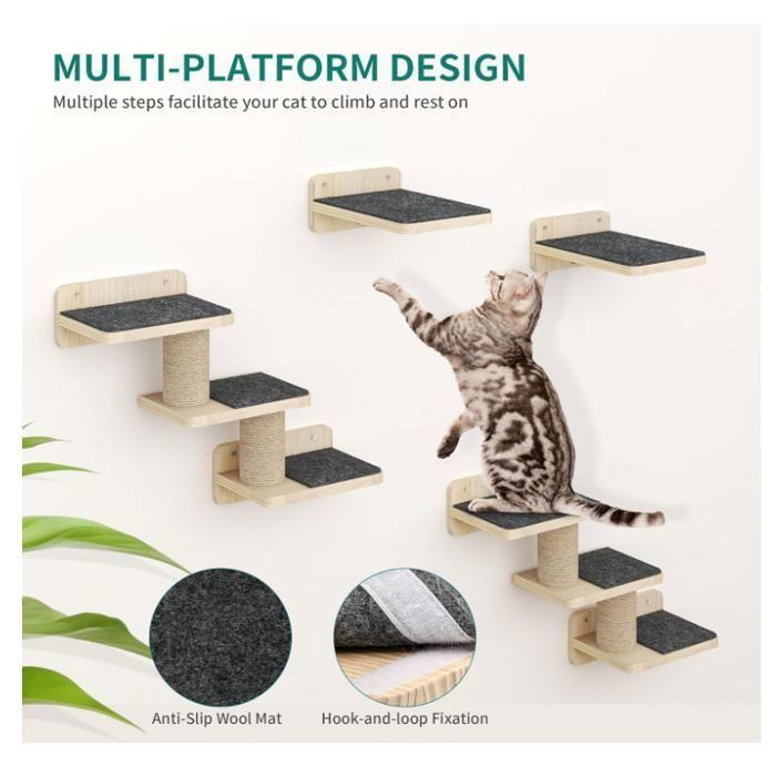 Eight-Part Cat Climbing Wall Set with Stair, Two Platforms, Two Ladders, Non-Slip Mats and Scratching Post