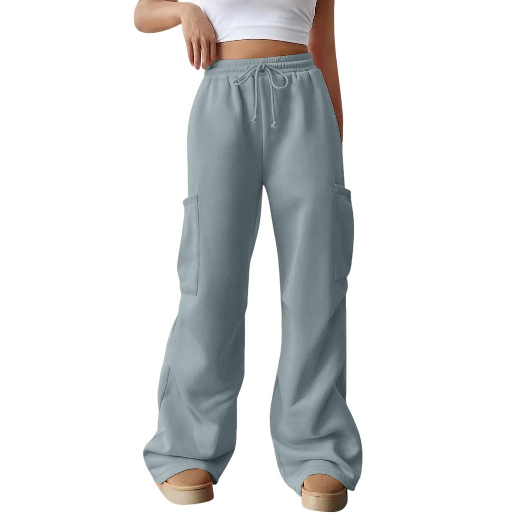 Women's Casual Fashion Color Elastic Waist Drawstring Pocket Wide-Leg Straight-Cut Joggers