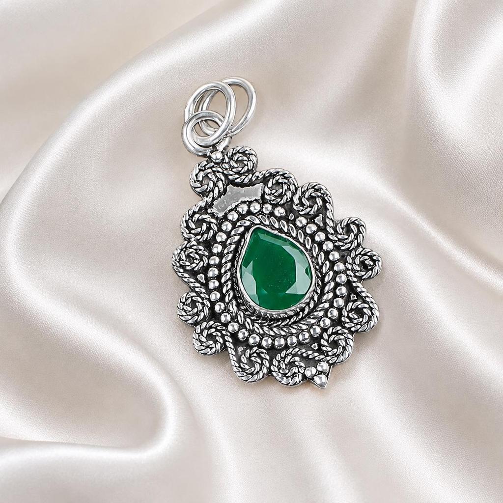 Green Onyx Gemstone 925 Sterling Silver Handcrafted Statement Pendant 1.55" For Birthday Gift PP-25-17