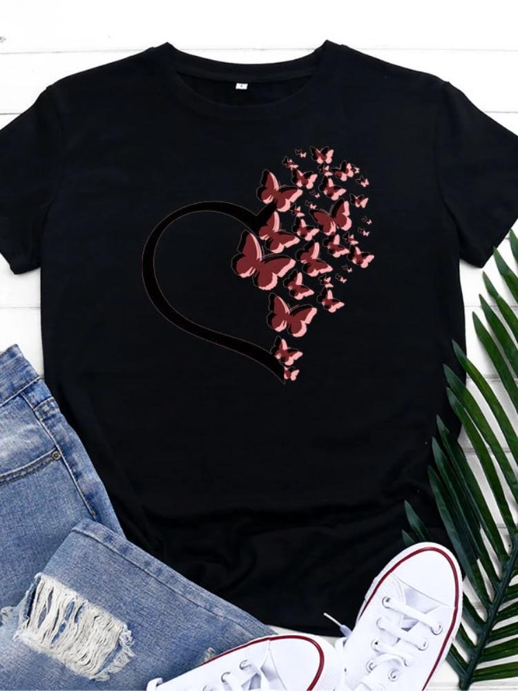 Heart Butterfly Print T Shirt Women Short Sleeve O Neck Loose Tshirt Summer Women Tee Shirt Tops Camisetas Mujer