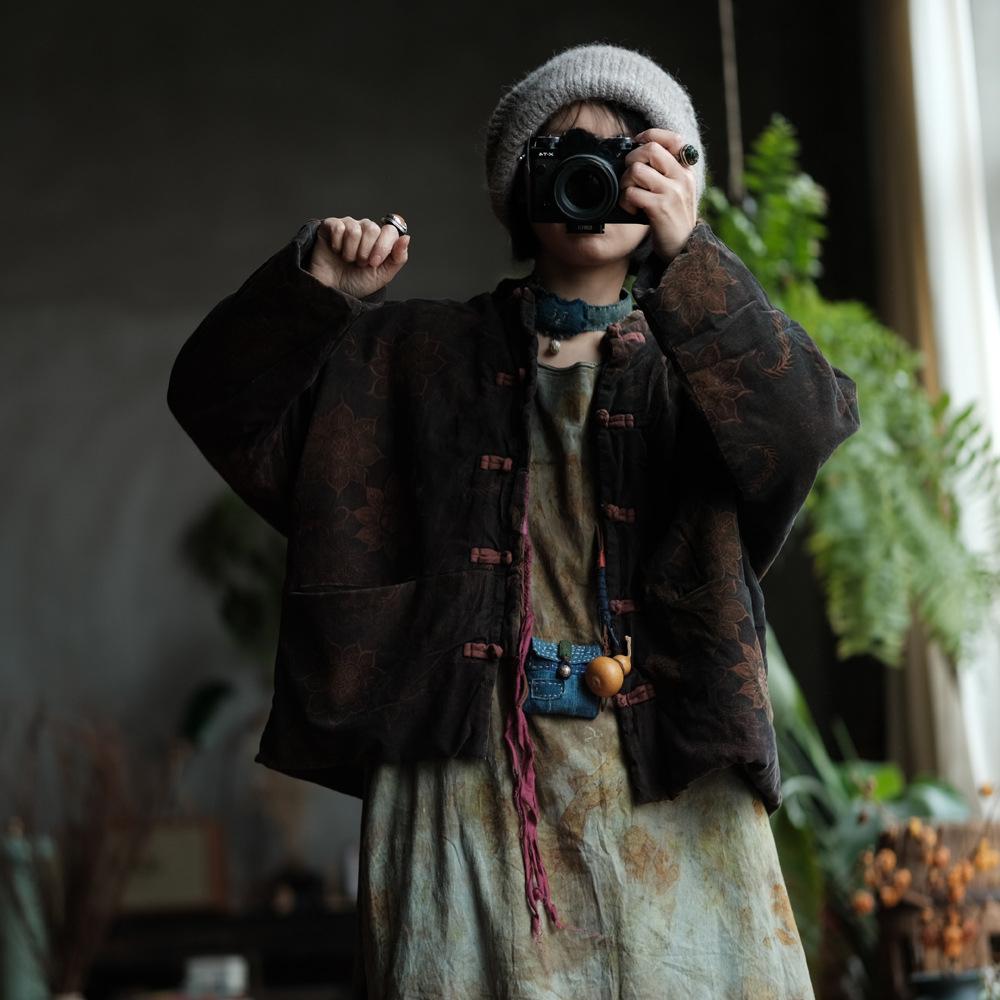 Johnature Women Chinese Print Floral Stand Pockets Button Winter Long Sleeve Warm Coats