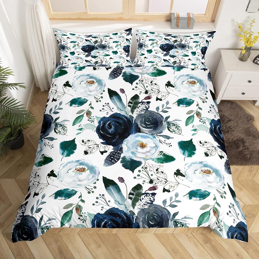 Vintage Flower King Full Queen Duvet Cover Retro Pink Floral Comforter Cover Rose Green Leaves Bedding Set Polyester Quilt Cover