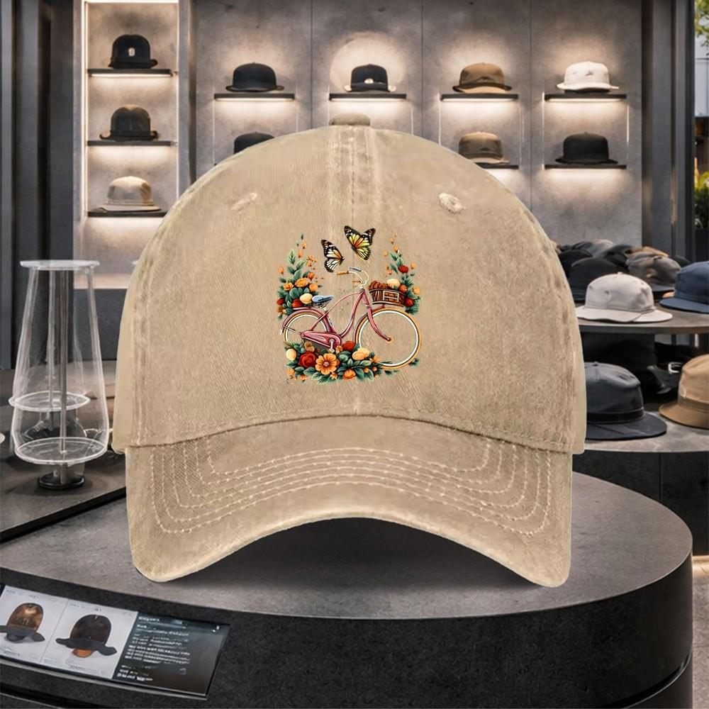 Bicycle Butterfly Floral Print Washed Denim Baseball Cap Adjustable Cotton Outdoor Sports Hat