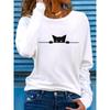 Women's spring and autumn comfortable casual fashion long sleeved cat graphic printed round neck T-shirt