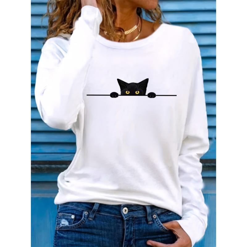 Women's spring and autumn comfortable casual fashion long sleeved cat graphic printed round neck T-shirt