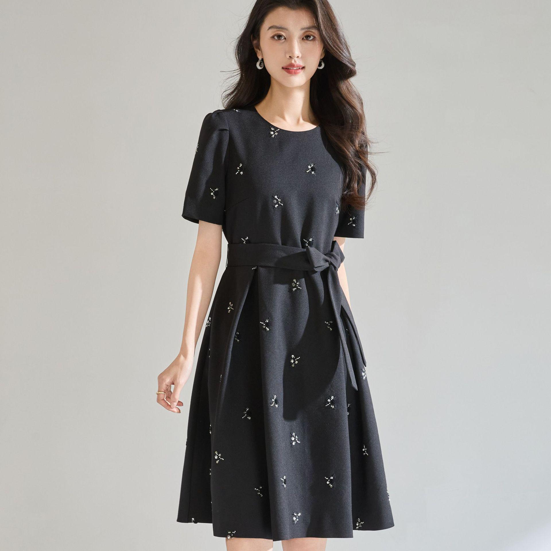 

Exquisite Black Bead-Embellished Umbrella Skirt Dress - Slimming Summer Style XL чёрный
