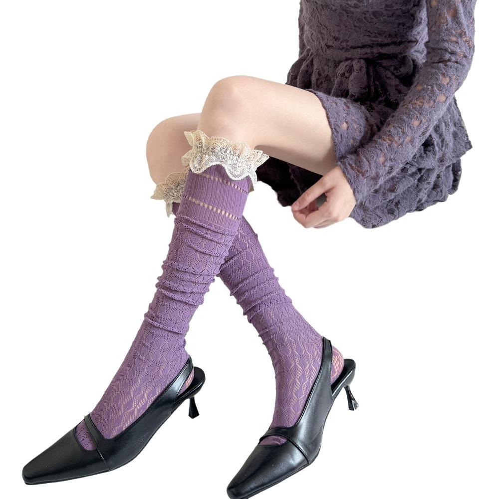 Kawaii Lace Trim Knee-high Socks Breathable Hollow Out Calf Socks Odor-resistant Soft Boot Socks Fall Winter