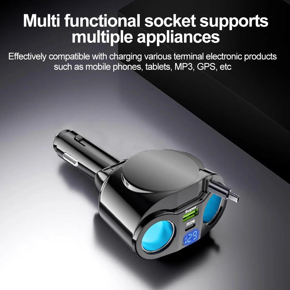 USB Car Charger Adapter with Retractable Cable Dual Cigarette Lighter Splitter Digital LCD Display Voltmeter Car Charger Adapter