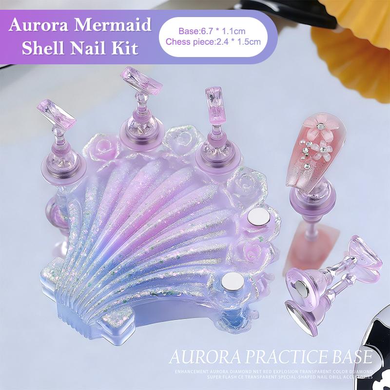 1Set Mermaid Shells Laser Aurora Ice Penetration Magnetic Nail Holder False Tips Practice Stand Nail Art Display Salon Diy Tools