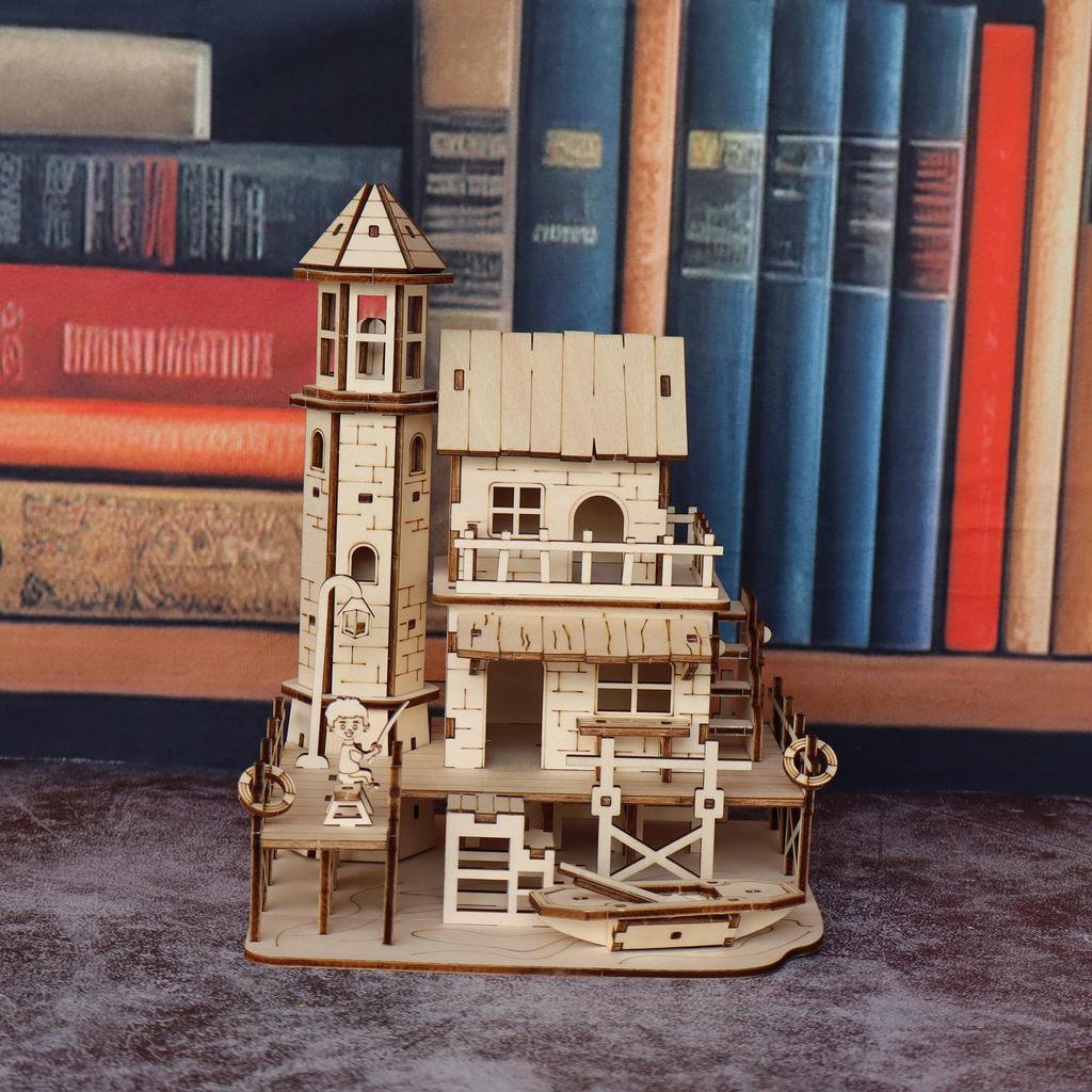 Fisherman's cabin wooden assembly model kit, handmade DIY 3D wooden puzzle fishing village building model